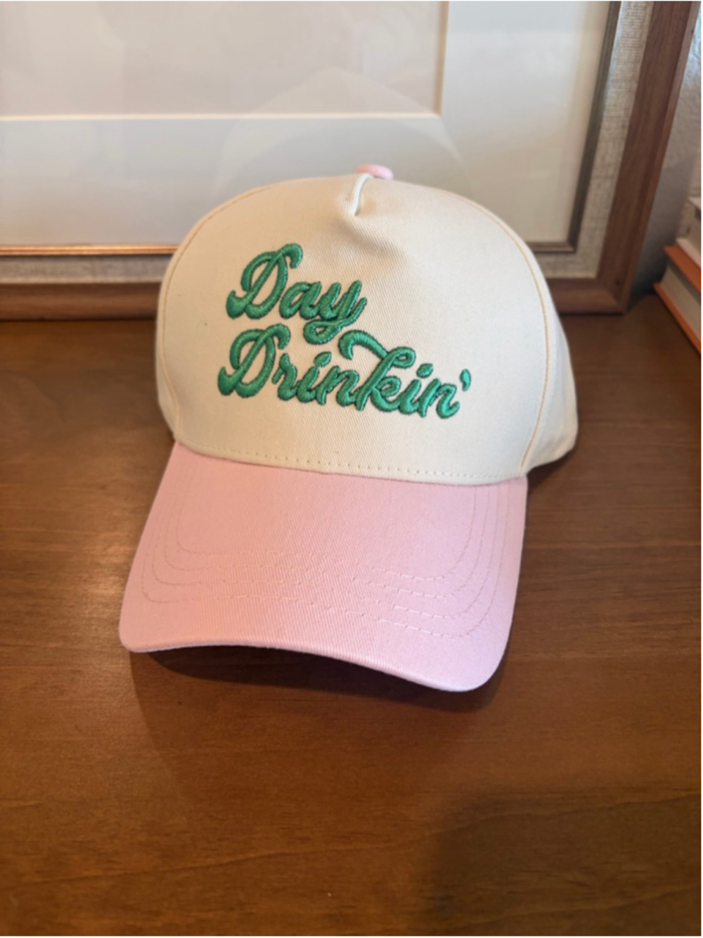 New Day Drinkin' Embroidered Trucker Hat Cream Pink Green Baseball Cap